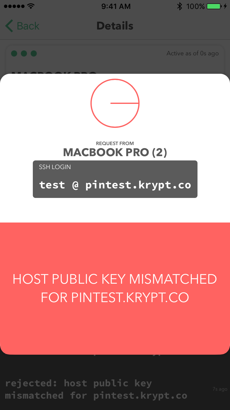 A login request with an incorrect host public key will automatically be rejected